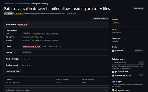 Better GHSA :: Triage state for GitHub security advisories, kept in a comment on the advisory.