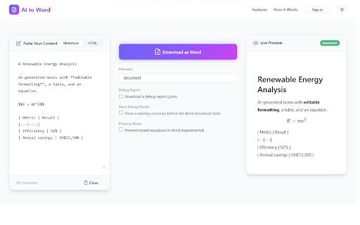 AI to Word – Export AI Chats :: Export selected AI responses to Word with rich formatting, embedded visuals, tables, footnotes, references, and editable equations.