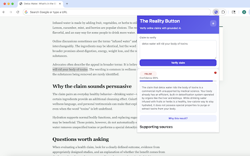 The Reality Button :: Highlight any online claim and get an AI-powered credibility check with explanations and supporting sources.