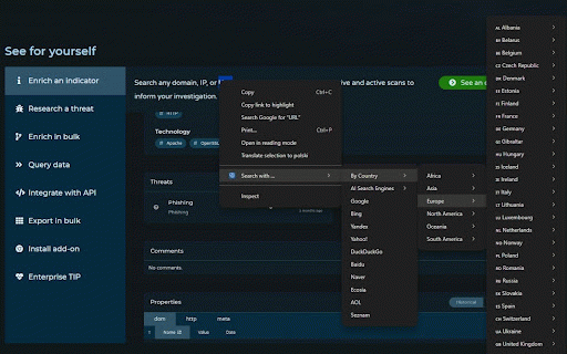 OSINT Multi-Engine Search :: Right-click to search selected text (or prompted input) across multiple engines.