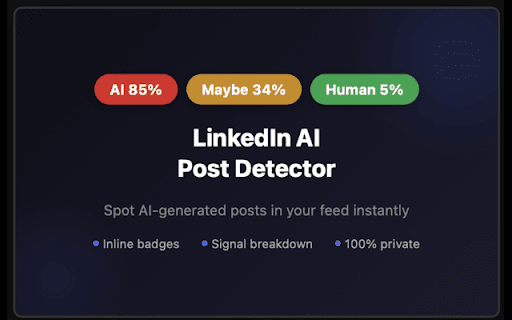 LinkedIn AI Post Detector :: Analyzes LinkedIn feed posts for likelihood of being AI-generated using heuristic pattern matching. Free, private, runs locally.