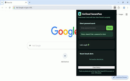 GoCloud SecurePass :: Private password breach search using Have I Been Pwned k-anonymity. No account, no server, 100% private.
