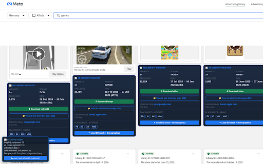 FB Ad Library Insights :: Injects hidden EU transparency data (reach, impressions, spend, demographics, run dates) onto each card in the Facebook Ad Library.