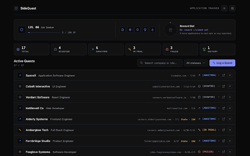 SideQuest :: A gamified job application tracker.