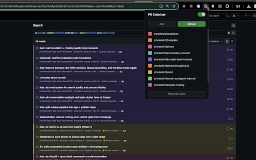 GitHub PR Colorizer :: Colorize GitHub pull request and issue rows by repository for quick visual grouping.