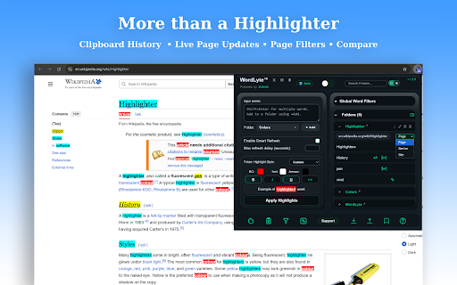 WordLyte - The Web Text Multi-Tool :: Highlight, bookmark, and organize words with folders, page filters, A/B compare, smart refresh, and clipboard history.