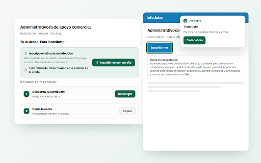 JobApply — inscripción con un clic :: Inscríbete en ofertas de InfoJobs, LinkedIn e Indeed desde jobapply.es con tu CV adaptado y tu carta, en un clic.