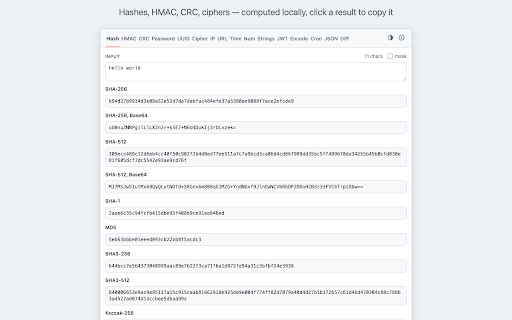 Hasher :: Developer's toolbox. Calculates MD5, SHA-1, SHA-2, IP/Subnet, URL decode, Base64 and more
