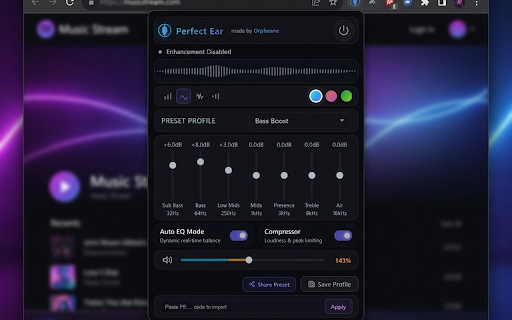 Perfect Ear - Audio Enhancer :: A browser tab audio enhancer with a 7-band EQ, presets, compressor, and real-time Auto-EQ.
