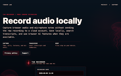 Tab Recorder :: Free tab and mic audio recorder with local saving, local transcription, and browser AI summaries.