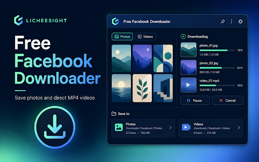 Free Facebook Downloader by LicheeSight :: Save Facebook photos and supported videos you own or have permission to download, with filters and organized folders.