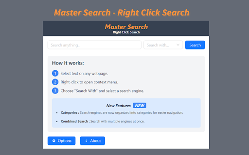 Master Search - Right Click Search :: Select any text, right-click, and instantly search across 50+ engines — including general search, shopping, AI tools, and more.