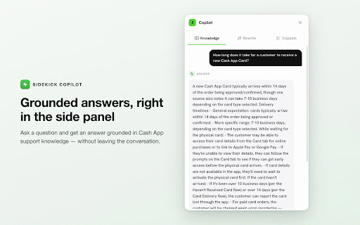 Sidekick :: Side panel for support advocates: knowledge answers for Cash App, Square, and Afterpay, voice rewrites, and reply snippets.