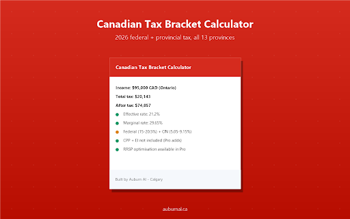 Canadian Tax Bracket Calculator :: Calculate federal and provincial income tax for all 13 Canadian provinces and territories. 2026 brackets. Pure offline calculation.