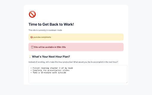 2 mins only :: Helps you stay focused by timing distracting sites and redirecting you to a focus plan page when time is up.