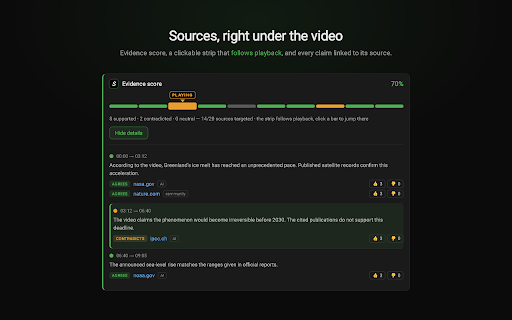 Sourcy — sources & fact-check :: Shows the evidence score and sources of a YouTube video, right under the title.
