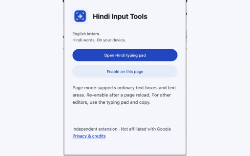 Hindi Input Tools — English to Hindi Typing :: Offline Hindi transliteration with local learning, user-added spellings, common editor support, and optional feedback.