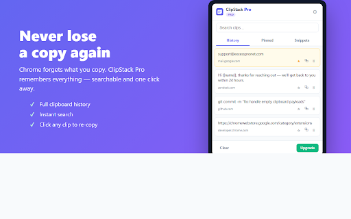 ClipStack Pro — Clipboard History & Templates :: Clipboard history with search, type filters, pinned clips, snippets, templates, smart text transforms, a quick-paste menu & sync.
