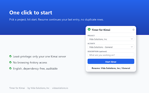 Timer for Kimai :: Start, stop, and resume time entries on your own self-hosted Kimai server, right from the browser toolbar.