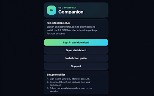 SBC Monster FC 26 :: SBC Monster companion workspace for account integration, configuration, dashboards, and support resources.