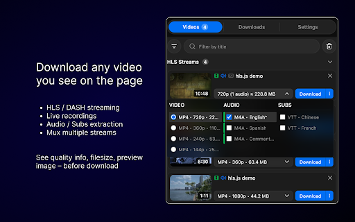 MAX Video Downloader – download HLS, DASH, MP4/WEBM, LIVE streams :: FREE video downloader for HLS (.m3u8), MPEG-DASH (.mpd), Direct media (.mp4, .webm). Record LIVE streams. Extract audio and subs.