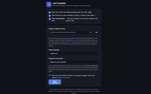 Live Translate :: One click to translate the audio of your current tab into 70+ languages in real time, with live subtitles.