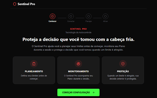 Sentinel Pro :: Sentinel Pro — tecnologia de autocontrole. Planeje seus limites, monitore sua sessão e proteja seu bem-estar.