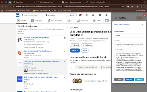 FlashFire Job Extractor :: Extension to extract job data from JobRight, LinkedIn, and Indeed job pages