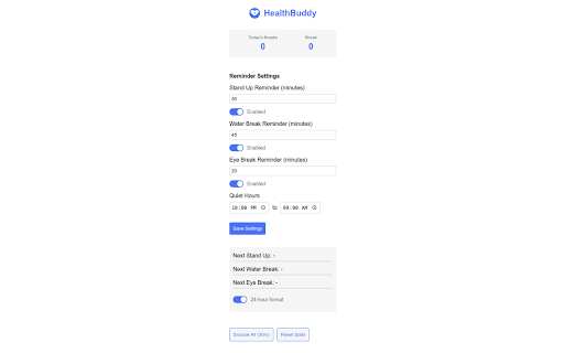 HealthBuddy :: Your personal health companion that reminds you to take breaks, stay hydrated, and protect your eyes