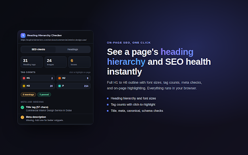 Heading Hierarchy Checker :: On-page SEO audit: heading hierarchy, tag counts, meta, images, links and schema, with on-page highlighting.