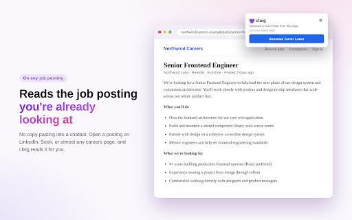 claig - Cover Letter AI Generator :: Scrapes the job description on the current page and generates a tailored cover letter using Claude.