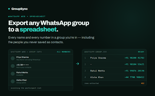 GroupSync: Export WhatsApp Group Contacts to CSV, Excel, vCard :: Export WhatsApp group member lists to CSV, Excel, or vCard.