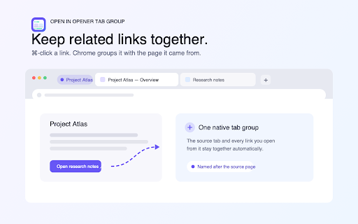Open in Opener Tab Group :: Groups tabs opened from links with their source tab, names new groups after it, and can ungroup lone tabs.