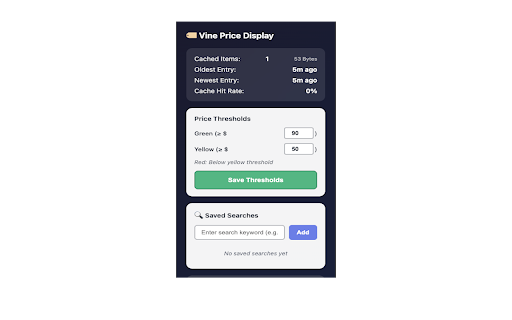 Amazon Vine Price Display :: Show color-coded prices on Amazon Vine items with customizable thresholds, caching, and saved searches.