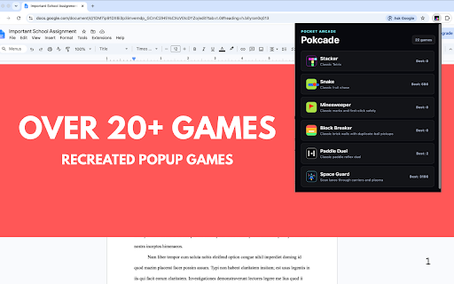 Pokcade - Popup Games Extension | Over 20+ Games :: Pocket Arcade: lightweight built-in games in a compact popup.