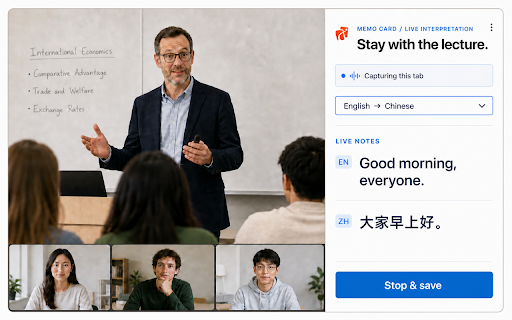 Memo Card: Live Transcription & Zoom Meeting Translation :: Real-time captions and translated text for the browser tab you choose.
