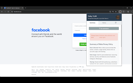 Policy TL;DR :: Detects privacy policy links and summarizes them via AI.