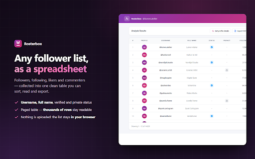 Rosterbox - IG Follower & Following Export List to CSV, Excel :: Export IG follower and following lists, likes and comments to CSV, Excel or JSON in one click. Fast, private, no password.