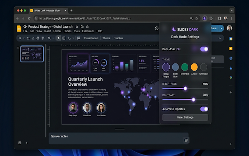Google Slides Dark Mode :: Darkens the Google Slides interface while preserving your presentation's original colors.