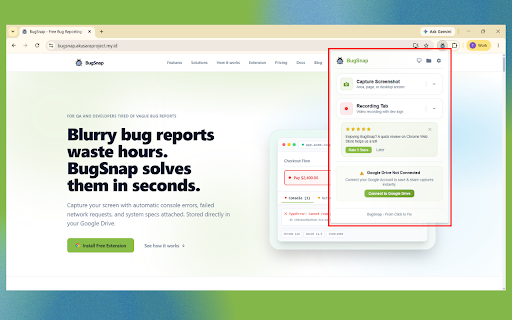 BugSnap - Bug Reporting & Screen Recorder :: Capture screenshots and screen recordings with audio, plus console logs and network errors, straight to your Google Drive.