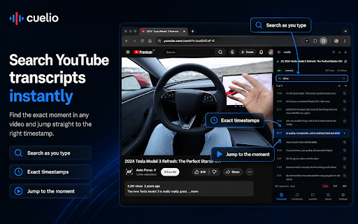 Cuelio — Transcript Search & AI for YouTube™ :: Find moments in YouTube™ videos with transcript search, AI answers, and one-click timestamp jumps.