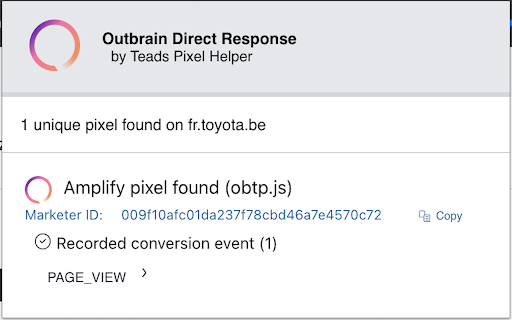 Outbrain Direct Response - Pixel Compliance Checker :: This extension helps you to check if the Outbrain Direct Response by Teads pixel is installed correctly on the page.