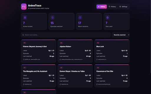 AnimeTrace - AI Anime Tracker :: Automatically detects and tracks anime you watch on any website using AI. View your watch history on a beautiful dashboard.
