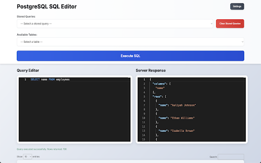 PostgreSQL SQL Editor :: Write PostgreSQL SQL with autocompletion and view results in a DataTable.