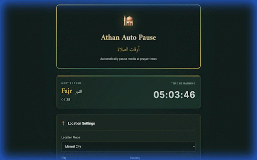 Athan Auto Pause :: Automatically pauses all audio and video across tabs at Islamic prayer times based on your location.