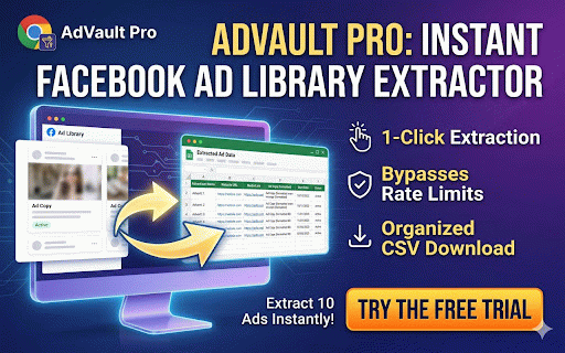 AdVault Pro - FB Ad Library Scraper :: Instantly export Facebook Ads to CSV with one click. Extracts ad copy, media URLs, out-links, and active status.