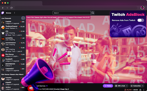 Twitch AdsBlock - Remove Ads from Twitch :: Block ads on Twitch, remove interruptions, and enjoy smoother live streams with a simple Twitch ad blocker for your browser