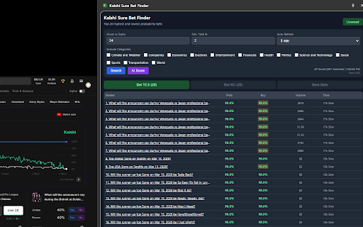 Kalshi Sure Bet Finder :: Find high-probability Kalshi bets ending soon. AI-powered scoring helps identify the best short-term betting opportunities.