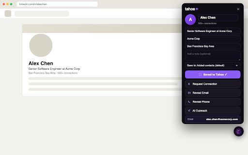 Tahoe for LinkedIn — AI Recruiting Copilot :: LinkedIn email finder for recruiters: reveal work emails and phones, capture the full profile, and start AI outreach in one click.