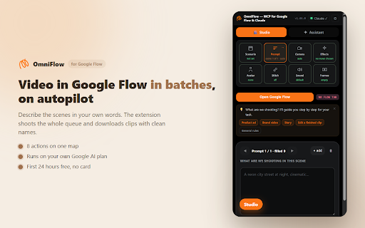 Automation — MCP for Google Flow, Google Vids & Claude: AI video autopilot :: Google Flow shoots a clip, Google Vids an avatar. OmniFlow shoots the queue: prompts, 39 cinematic moves, talking hosts. Via Claude.